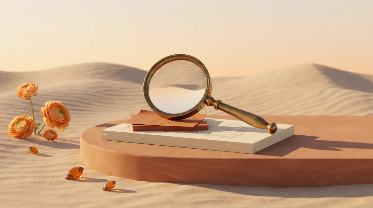 A magnifying glass on a stack of notes with screen sketches